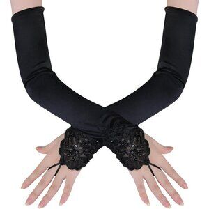 Women's Long Smooth Black Long Opera Party 20s Satin Glove Stretchy Elbow Length
